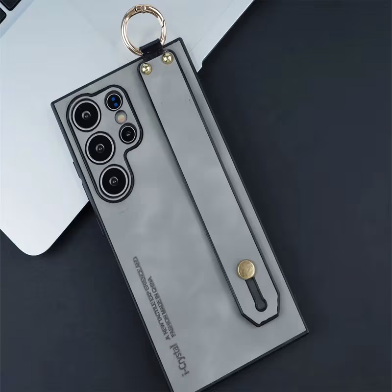 Samsung Galaxy S24 Ultra, S23 Ultra, S22Ultra Luxury Matte Plain Sheepskin Leather Wrist Strap Holder And Lens Protection Cover