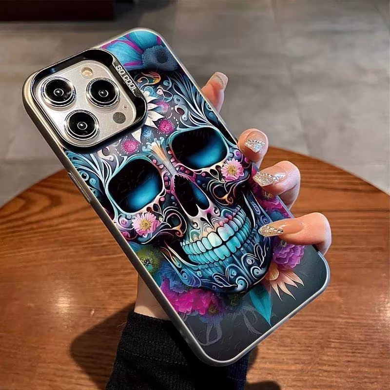 iPhone 16 Pro Max , 15 Pro Max, 14 Pro Max Shockproof Luxury Skull Pattern Electroplate Silver IMD Phone Case Cover