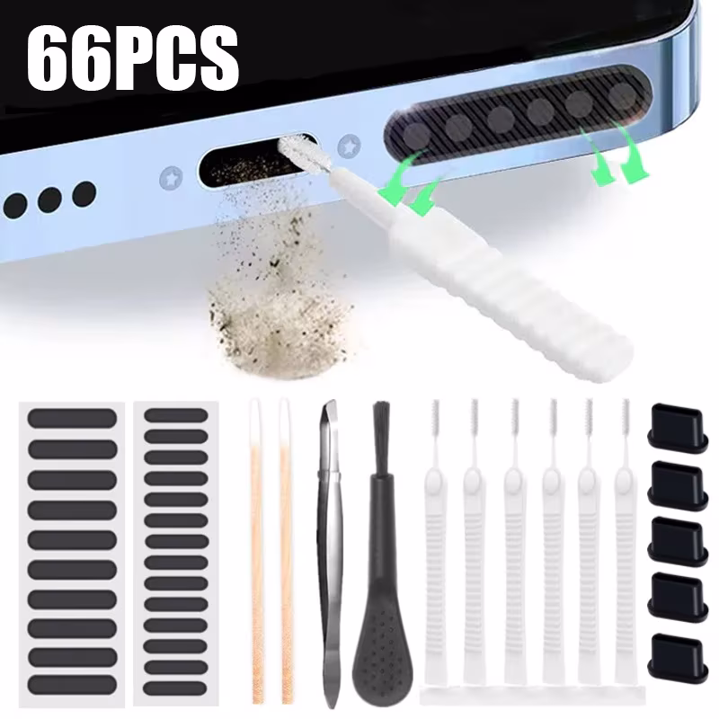 66pcs Smart Phones Dust Plug Speaker Mesh Sticker with Tweezers & Charging Port Protector Cleaning Kit